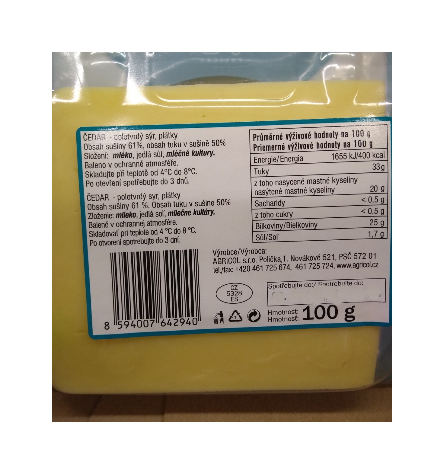Čedar 50% plátky 500g