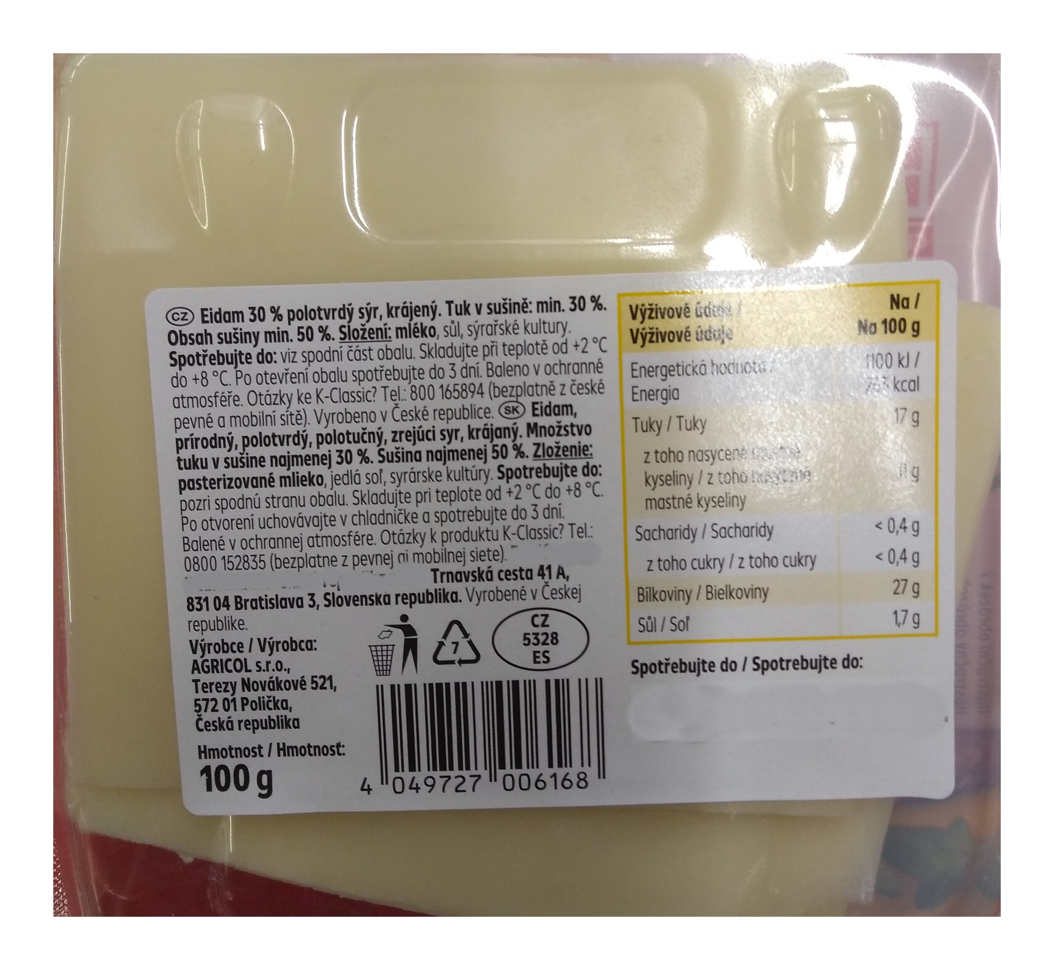 Šumavský eidam sýr 45% 100g