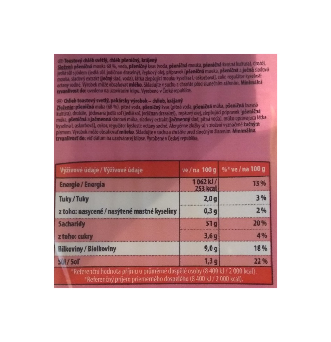 Toastový chleba světlý balený 500g